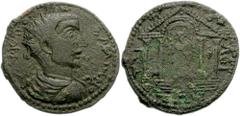 LYDIA, Tripolis. Gallienus. 253-268 AD. Æ 35mm (17.26 g). Radiate, draped and cuirassed bust right, seen from behind / TΡI-Π-O-ΛEI-TΩN, Leto advancing left, head tuned right, holding her children Arte