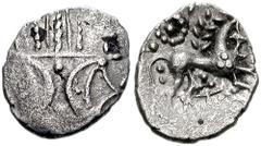 CELTIC BRITAIN. Iceni. Mid-Late 1st Century BC. AR Unit (14mm, 1.06 g, 11h). Anted type. Opposed crescents / Horse right; ANTED (ligate) below. Hobbs 3791-4025; Van Arsdell 715-1; SCBC 441. VF, minor 