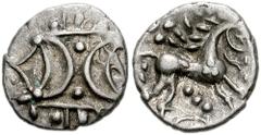 CELTIC BRITAIN. Iceni. Mid-Late 1st Century BC. AR Unit (14mm, 1.23 g, 11h). Ecen type. Opposed crescents / Horse right; ECEN (ligate) below. Hobbs 4033-4215; Van Arsdell 730-1; SCBC 443A. VF, lightly