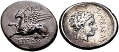 Greek THRACE, Abdera. Circa 336-311 BC. AR Tetradrachm (25mm, 10.30 g, 11h). Aigialeos, magistrate. Griffin lying left / Laureate head of Apollo right; EΠI above, AIΓIAΛEΩΣ to right. C-N Period XI, 44