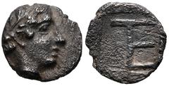 Greek IONIA, Kolophon. Circa 450-410 BC. AR Tetartemorion (8mm, 0.27 g, 2h). Laureate head of Apollo right / TE monogram; all within incuse square. Milne, Colophon 31; SNG Copenhagen –; SNG Kayhan 358