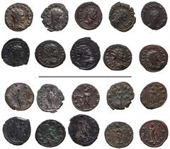 Roman Imperial Claudius II Gothicus. AD 268-270. Lot of ten (10) Antoniniani. Lot includes the following: 1) ROME. Pax holding olive branch and scepter; –/–//–. RIC Online 132 (this coin cited). 2) Sa