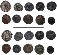 Roman Imperial Divus Claudius II Gothicus. Died AD 270. Lot of ten (10) coins. Includes the following commemorative antoniniani struck under Aurelian: 1) ROME. Garlanded altar; –/–//–. RIC Online 1276