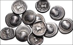 Large Lots GREEK. Central & Southern Greece. Lot of twelve (12) AR hemidrachms from Thebes in Boeotia. All coins: Circa 425-375 BC. Boiotian shield / Kantharos; club above; sometimes to left, symbol. 