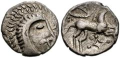 CELTIC BRITAIN. Iceni. Mid-Late 1st Century BC. AR Unit (14mm, 1.16 g, 11h). Face/Horse Regular type. Head right; [triskeles symbol before] / Horse right; pellet ring above, quadrate below below. Hobb
