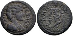 Roman Provincial LYDIA, Sala. Julia Domna. Augusta, AD 193-217. Æ (19mm, 4.71 g, 6h). Draped bust right / Dionysus standing right, with legs crossed, holding grape bunch and cantharus, his left arm re