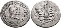 MARK ANTONY & OCTAVIA. 39 BC. AR Cistophoric Tetradrachm (28mm, 11.91 g). Ephesus mint. Conjoined busts of Antony and Octavia right / Dionysus standing left on cista between entwining snakes. RPC I 22