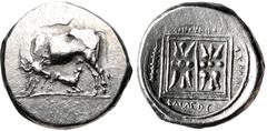 Greek KINGS of ILLYRIA. Monounios. Circa 305/0-280/75 BC. AR Stater (22.5mm, 10.38 g, 1h). Dyrrhachion mint. Cow standing left, looking back at suckling calf standing right below; above, jawbone of bo
