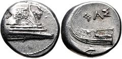 Greek LYCIA, Phaselis. 4th century BC. AR Stater (21mm, 10.35 g, 5h). Prow of galley right, fighting platform decorated with wreath; grape bunch to right / Stern of galley left; ΦAΣ above; below, dolp