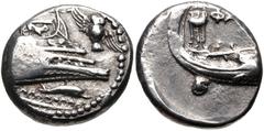 Greek LYCIA, Phaselis. 4th century BC. AR Stater (20.5mm, 10.28 g, 5h). Prow of galley right, fighting platform decorated with Pegasos flying right; to right, owl flying upward left, wings displayed; 