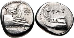 Greek LYCIA, Phaselis. 4th century BC. AR Stater (19mm, 10.28 g, 8h). Prow of galley right, fighting platform decorated with lion at bay right; eight-rayed star to right; below, ketos right above wave