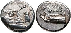 Greek LYCIA, Phaselis. 4th century BC. AR Stater (20.5mm, 10.44 g, 4h). Prow of galley right, fighting platform decorated with facing gorgoneion; to right, cicada upward / Stern of galley left, with w