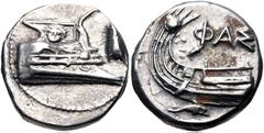 Greek LYCIA, Phaselis. 4th century BC. AR Stater (20.5mm, 10.39 g, 5h). Prow of galley right, fighting platform decorated with facing gorgoneion; to right, cicada upward / Stern of galley left; ΦAΣ ab
