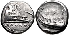 Greek LYCIA, Phaselis. 4th century BC. AR Stater (20mm, 10.28 g, 12h). Prow of galley right, fighting platform decorated with griffin seated right; to right, dolphin right / Stern of galley left; ΦAΣ 