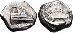 Greek LYCIA, Phaselis. 4th century BC. AR Stater (22mm, 10.32 g, 11h). Prow of galley right, fighting platform decorated with coiled serpent right / Stern of galley left; ΦAΣ above. Heipp-Tamer Series