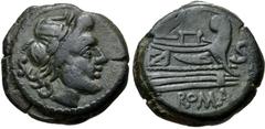 Roman Republican Anonymous. 157-156 BC. Æ Semis (22mm, 11.44 g, 1h). Rome(?) mint. Laureate head of Saturn right; S (mark of value) to left / Prow of galley right; S (mark of value) to right, ROMA bel