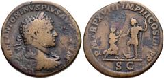 Roman Imperial Caracalla. AD 198-217. Æ Sestertius (31mm, 20.35 g, 12h). Rome mint. Struck AD 215. Laureate, draped, and cuirassed bust right / Isis standing right, holding sistrum and presenting grai