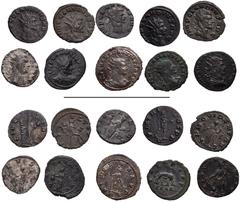 Roman Imperial Claudius II Gothicus. AD 268-270. Lot of ten (10) Antoniniani. Includes the following: 1) ROME. IMP C CLNVDIVS (sic) AVG. Fides holding two standards; –/–//–. RIC Online 274 note (this 