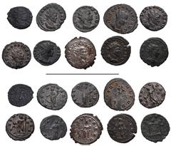 Roman Imperial Claudius II Gothicus. AD 268-270. Lot of ten (10) Antoniniani. Includes the following: 1) MILAN. Victory holding wreath and palm frond; –/–//–. RIC Online 31. Possibly an unofficial imi
