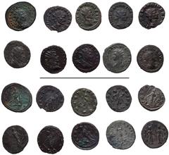 Roman Imperial Claudius II Gothicus. AD 268-270. Lot of ten (10) Antoniniani. Includes the following: 1) MILAN. Pax holding olive branch and scepter; –/–//T. RIC Online 39. Obverse double struck. 2) R