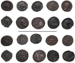 Roman Imperial Claudius II Gothicus. AD 268-270. Lot of ten (10) Antoniniani. Includes the following: 1) ROME. Victory holding wreath and palm frond; A/–//–. RIC Online 173. 2) Felicitas holding caduc