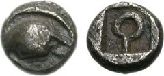 BOIOTIA, Koroneia. Circa 500-450 BC. AR Hemiobol (0.40 g). Half Boiotian shield / Koppa in incuse square. Head, Boeotia p. 14 = Traité I 1332 = Imhoof-Blumer, Boeotiens, 54 = Mionnet Supp. III p. 511,