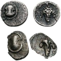 BOIOTIA, Mykalessos. Circa 400-350 BC? Lot of two AR Tetartemoria. Both coins: Boiotian shield / M (sideways with the tops of the letter pointing inwards), grape bunch. Varieties: (a) 0.21 g. On rever