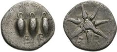 BOIOTIA, Orchomenos. 395-364 BC. AR Tritetartemorion (0.65 g). Three wheat grains in a row, sprouting ends upward; ER below / Star of seven rays with central hub; E-R flanking one ray. This variety un
