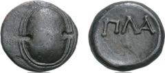 BOIOTIA, Plataiai. 387-372 BC. Æ 22mm (6.81 g). Boiotian shield of distinctive shape: in low relief, with narrow double rim / PLA in large concave incuse with curved edge. Head, Boeotia p. 76; BMC 3, 