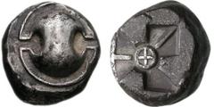 BOIOTIA, Thebes. Circa 480-460 BC. AR Stater (12.65 g). Boiotian shield / Square incuse with a recessed large triangle (divided by a line), a small triangle, and a square (divided by a line); q in cen