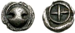 BOIOTIA, Thebes. Circa 480-460 BC. AR Tetartemorion (0.16 g). Spread flan. Boiotian shield / Archaic Q in large, shallow incuse square. Bérend, Réflexions 17 (this coin); Head, Boeotia p. 16-17, vii; 