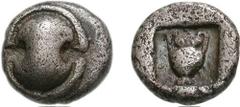 BOIOTIA, Thebes. Circa 460s-440s BC. AR Obol (0.96 g). Boiotian shield / Amphora in square incuse. Bérend, Réflexions 8 (this coin); Head, Boeotia p. 23, pl. I, 20 = BMC p. 69, 22; SNG Cop. 263. VF, l
