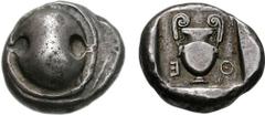 BOIOTIA, Thebes. Circa 450-440 BC. AR Stater (12.50 g). Boiotian shield / Amphora; E-(archaic Q) (retrograde) across field; all within square incuse. Head, Boeotia p. 29, pl. II, 6 = BMC p. 70, 24; My