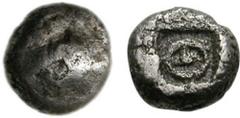 BOIOTIA, Thebes. Circa 450-440 BC. AR Hemiobol (0.39 g). Thick, dumpy flan. Half Boiotian shield / Q in square incuse. Unpublished in the standard references. Near Fine, granular surfaces. ($100) The 