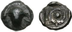 BOIOTIA, Thebes. Circa 450-440 BC. AR Hemiobol (0.38 g). Thin, spread flan. Half Boiotian shield / Q in square incuse. Bérend, Réflexions 14 (this coin). Good Fine, darkly toned. Very rare. ($200) Est