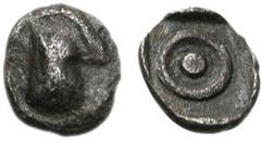 BOIOTIA, Thebes. Circa 450-440 BC. AR Tetartemorion (0.17 g). Boiotian shield / Q in square incuse. Bérend, Réflexions 15 (this coin). Good Fine, even grey tone. Very rare. ($150) Estimate: $150