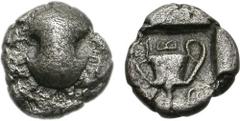 BOIOTIA, Thebes. Circa 450-425 BC. AR Obol (0.69 g). Boiotian shield / Kantharos; Q-(E retrograde)-B clockwise around from lower right; all within square incuse. Bérend, Réflexions 18 (this coin); Hea