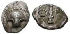 BOIOTIA, Thebes. Circa 450-425 BC. AR Hemiobol (0.45 g). Half Boiotian shield with dotted rim / Club oriented diagonally within square incuse; Q-E flanking. Bérend, Réflexions 21 (this coin). Good VF,