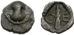 BOIOTIA, Thebes. Circa 450-425 BC. AR Tetartemorion (0.26 g). Boiotian shield / Club oriented diagonally within square incuse; Q-E flanking. Bérend, Réflexions 22; Head, Boeotia p. 35, class a = Imhoo