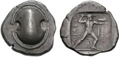 BOIOTIA, Thebes. Circa 450-440 BC. AR Stater (12.21 g). Boiotian shield / Nude Herakles advancing right, carrying off the Delphic tripod, holding club overhead in his right hand; QEB"IO(N retrograde) 