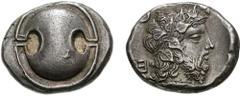 BOIOTIA, Thebes. Circa 425-395 BC. AR Stater (12.34 g). Later style. Boiotian shield / Bearded head of Dionysos right, wearing ivy wreath; Q/(E retrograde) on left; all within concave incuse. Head, Bo
