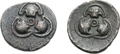 BOIOTIA, Thebes. Circa 425-395 BC. AR Tritetartemorion (0.62 g). Three half Boiotian shields radiating outward from central Q / As obverse, but each shield decorated with a club; all within incuse con