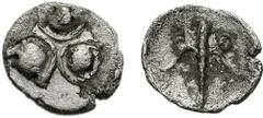 BOIOTIA, Thebes. Circa 425-395 BC. AR Tritetartemorion (0.62 g). Three half Boiotian shields radiating inward / Club on bow upward; (E retrograde)-Q across upper field; all within incuse concave circl