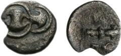 BOIOTIA, Thebes. Circa 425-395 BC. AR Trihemitetartemorion (0.24 g). Boiotian shield, half-shield to right / Club right; Q (or QE?), above; below, caduceus horizontally right; all within incuse concav