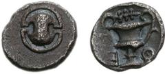 BOIOTIA, Thebes. Circa 425-395 BC. AR Tetartemorion (0.18 g). Boiotian shield / Kantharos; club left above, (E retrograde)-Q across lower field; all within concave field. Bérend, Réflexions 31 (this c