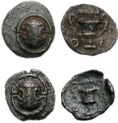 BOIOTIA, Thebes. Circa 425-395 BC. Lot of two AR Tetartemoria. Both coins: Boiotian shield; club across upper half / Kantharos, Q-E across lower field, club right above; all within incuse concave circ