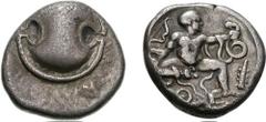 BOIOTIA, Thebes. Circa 425-395 BC. AR Stater (11.70 g). Boiotian shield / The infant Herakles seated facing, head right, strangling two serpents; bow to left, club to right, Q-E below; all within circ