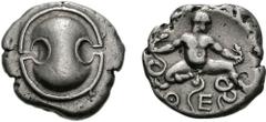 BOIOTIA, Thebes. Circa 405-395 BC. AR Stater (12.05 g). Boiotian shield / The infant Herakles seated facing, head right, strangling two serpents; Q-E below; all within concave incuse. Head, Boeotia p.