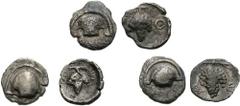 BOIOTIA, Thebes. Circa 405-395 BC. Lot of three AR Hemiobols. All coins: Half Boiotian shield / Grape bunch on vine; all within incuse concave circle. Varieties: (a) 0.26 g. On reverse, Q to right. BM