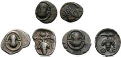 BOIOTIA, Thebes. Circa 405-395 BC. Lot of three AR Tetartemoria. All coins: Boiotian shield / Grape bunch on vine; all within incuse concave circle. (a) 0.17 g. On reverse, [Q]-E across central field.